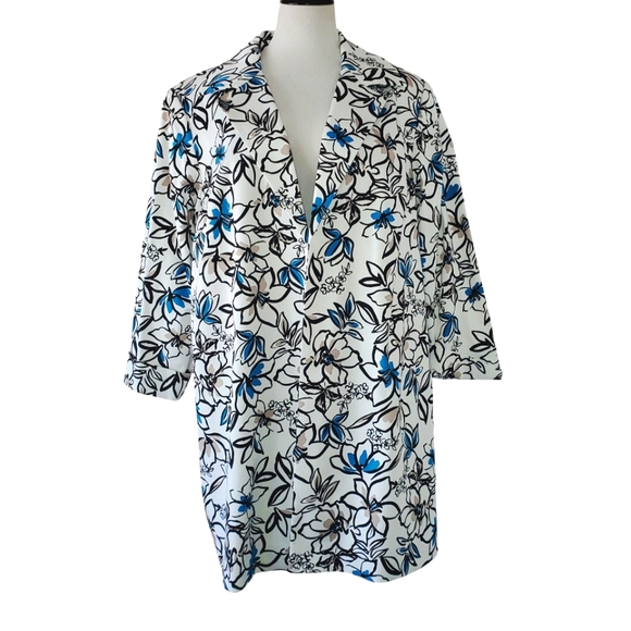 🔥CALVIN KLEIN White/Blue/Black Floral Lined Open Front Trench Coat/Jacket SZ 20 - Picture 1 of 14